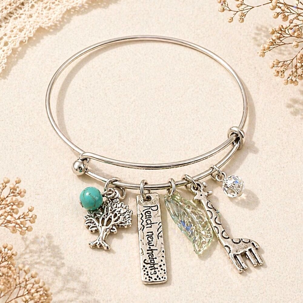 Silver Tone Giraffe Theme Charm Bangle Bracelet
